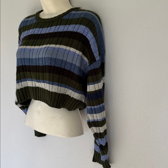 Le Lis green blue stripe stretch ribbed knit cropped long sleeve sweater small - Picture 8 of 14